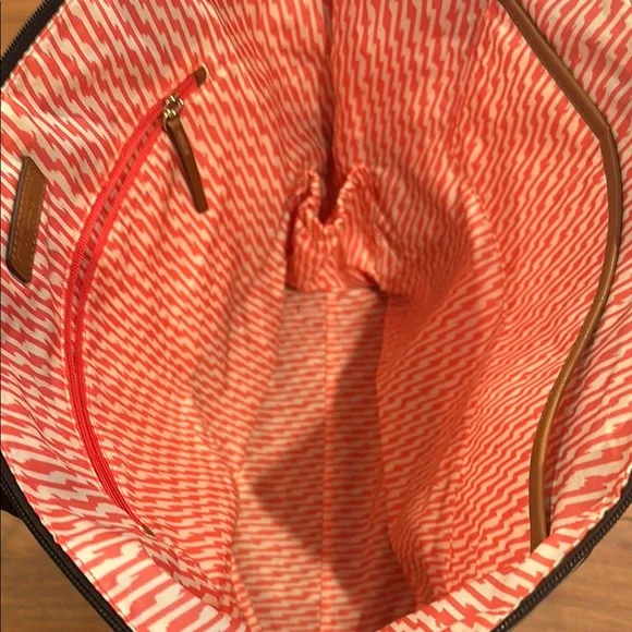 Stella & Dot Striped Black and White Tote Bag with Brown Accents - Picture 4 of 7